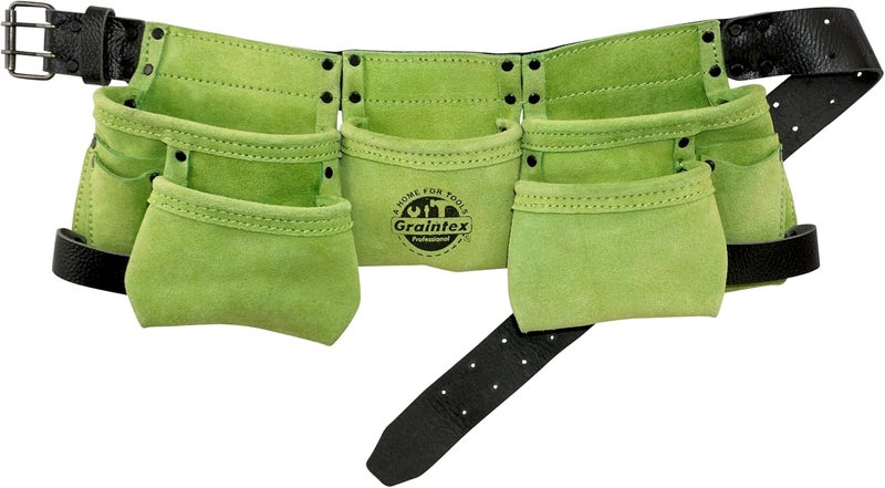 Graintex DS2358 :: 9 Pocket Children Tool Belt Lime Green Color Suede Leather, Kids Real Tool Belt, Boys and Girls Tool Apron for Home Improvement, 1.1/2" Leather Belt, Hammer Loops - Image 1